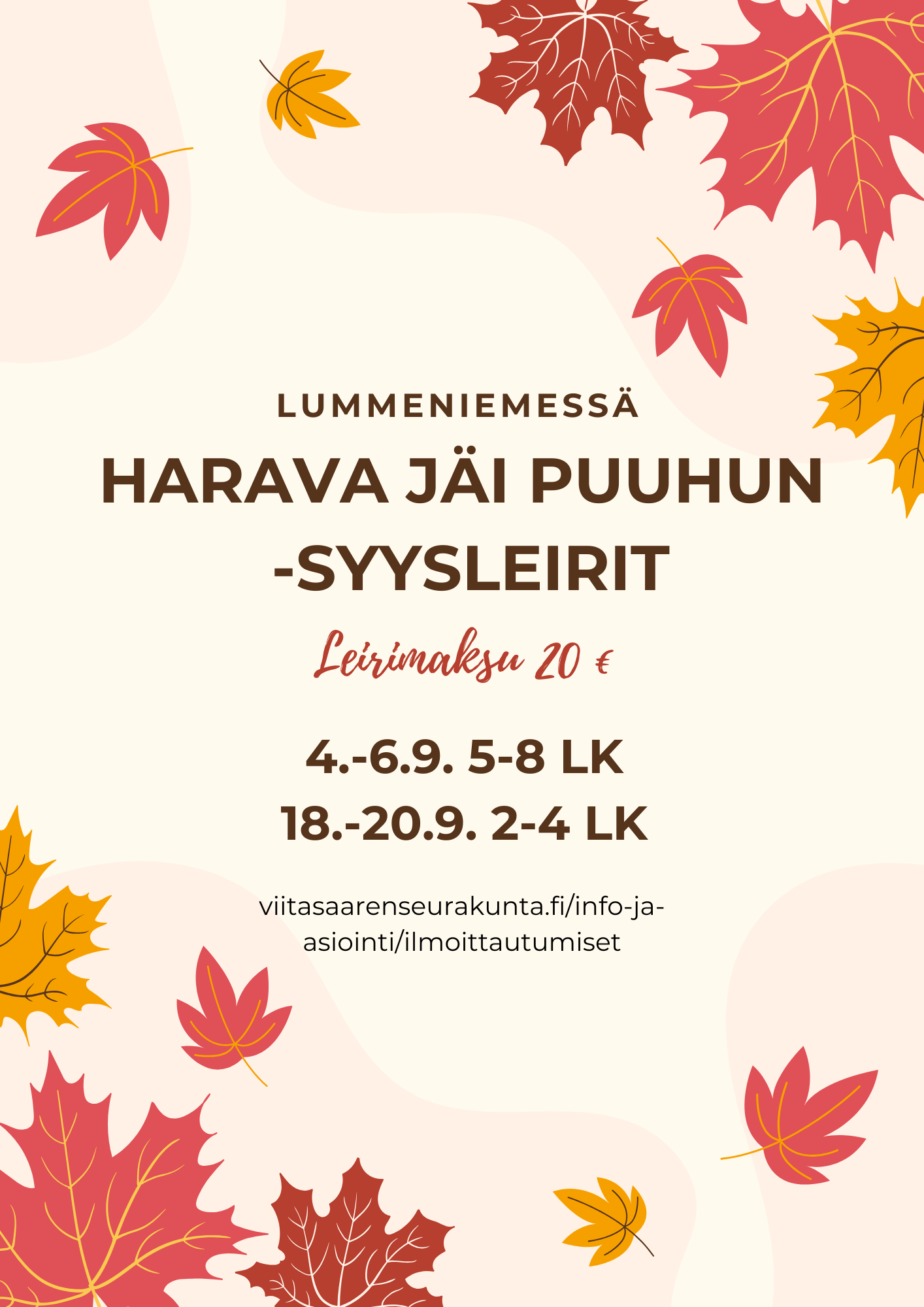 Syysleirin esite, jossa ajankohdat ja syksyn lehtiä.