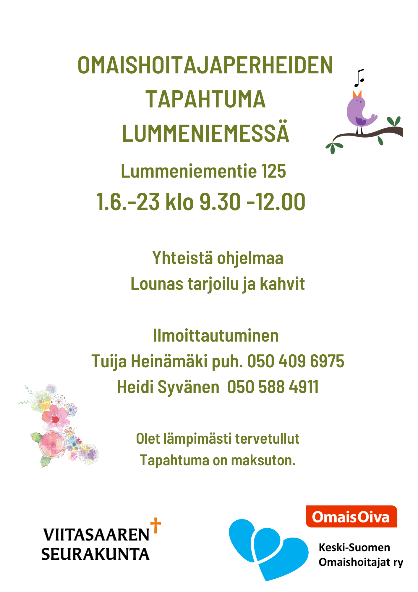 Kevättapahtuma omaishoitajille Tapahtuman mainos.