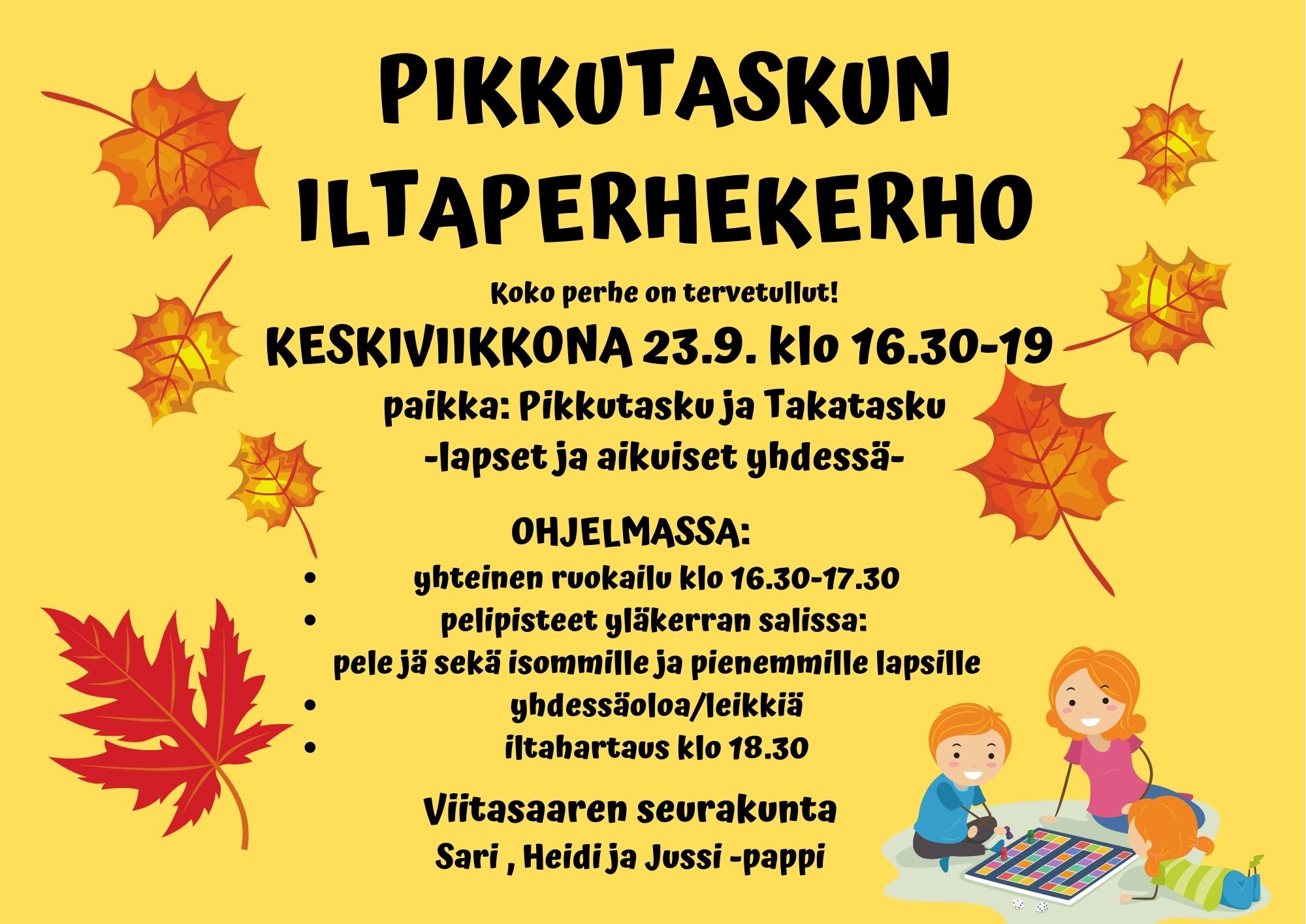 Iltaperhekerho syksyisiä lehtiä, lapset ja äiti pelaavat lautapeliä.