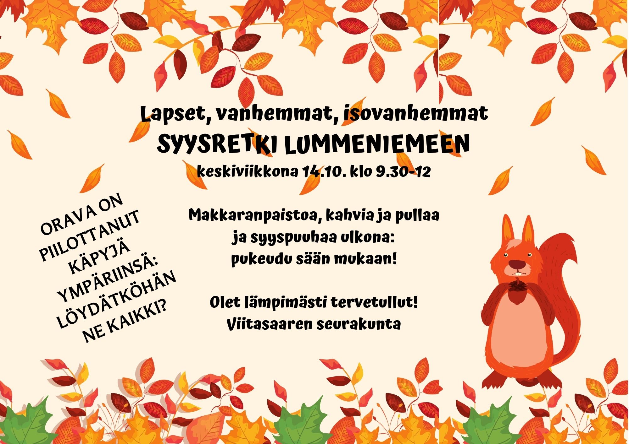 Syysretki Lummeniemeen orava syö pähkinää syksyisessä metsässä.