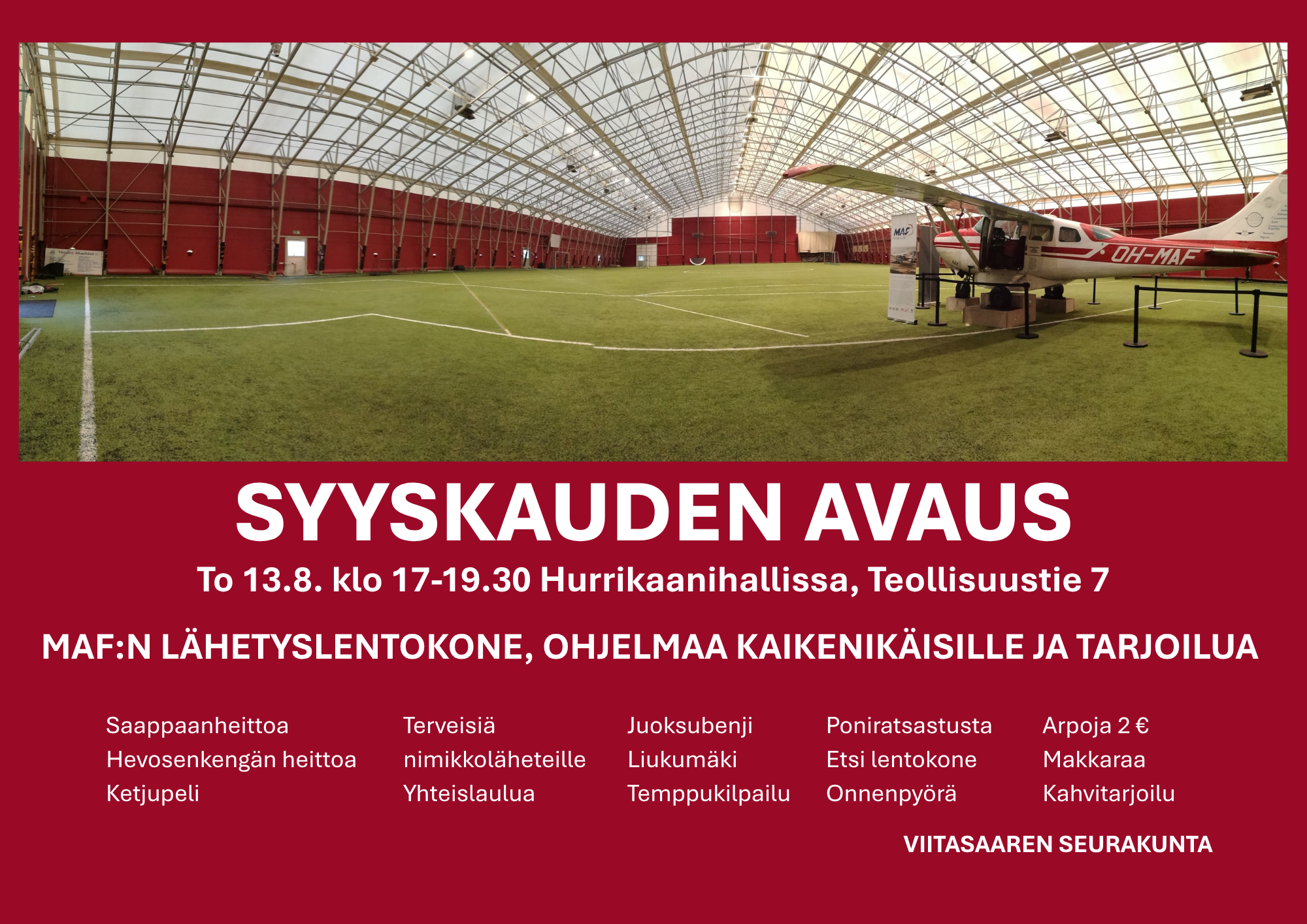 Tapahtuman tiedote, jossa kuva lähetyslentokoneesta Hurrikaanihallissa ja toimintapisteiden luettelo.