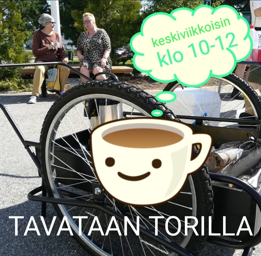 Kahvikärry ja kahvittelijoita torilla.