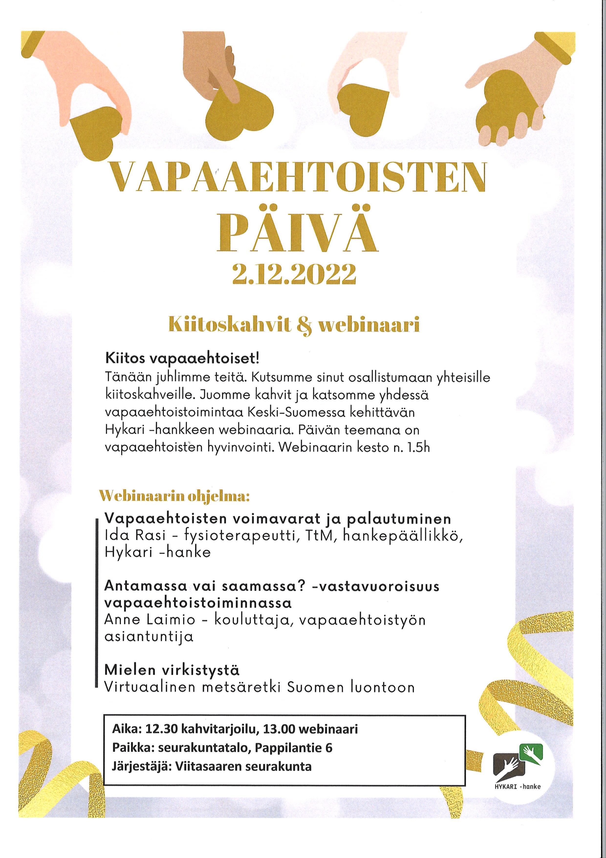 Kuvassa webinaarin ohjelma. Koristeena kultaisia sydämiä  hopeisella pohjalla.