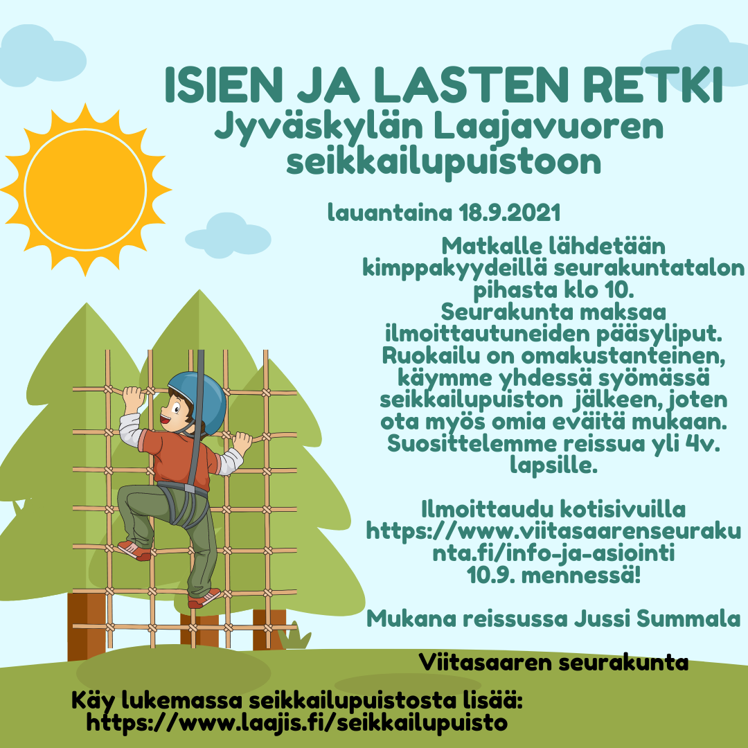 Isien ja lasten retki seikkailupuistoon lapsi kiipeilee kypärä päässä