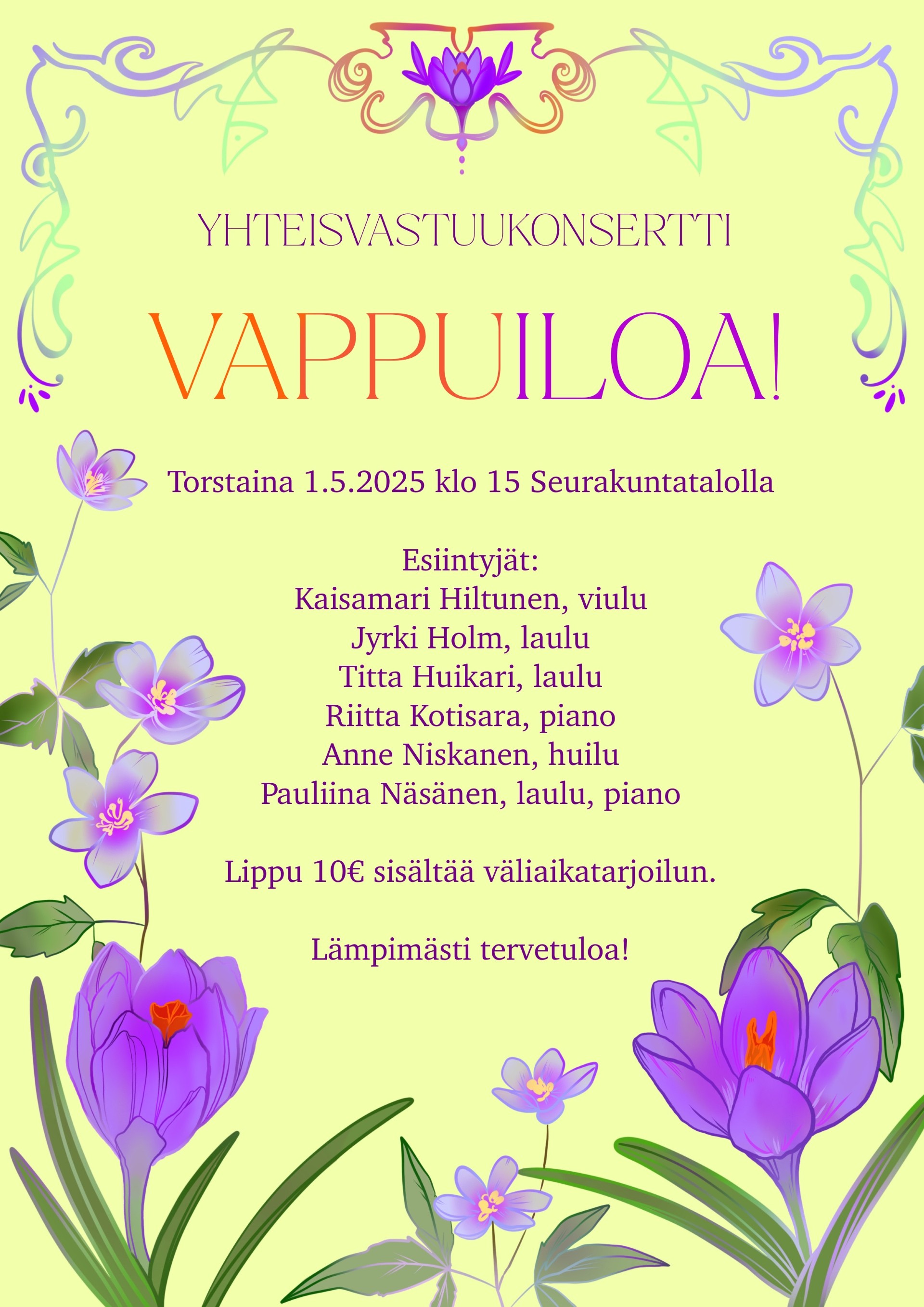 Konsertti Yhteisvastuukeräykselle Keltaisella pohjalla violetteja kukkia ja tietoa Yhteisvastuukonsertista.