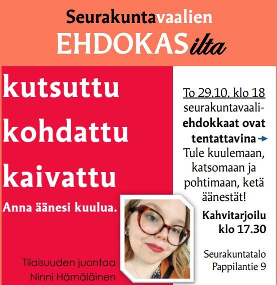 kutsuttu kohdattu kaivattu -teksti. Juontaja Ninni Hämäläisen kuva. Ajankohtatiedot.