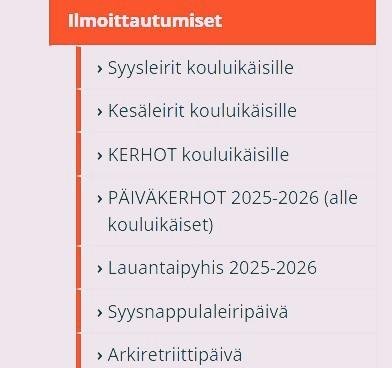 Kuvassa kuvakaappaus ilmoittautumissivun valikosta