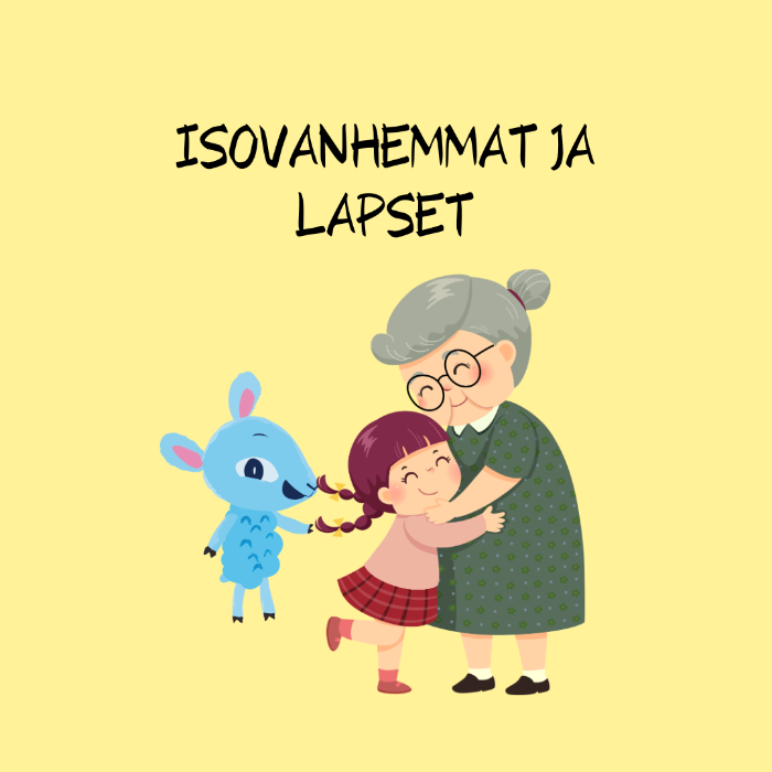 Piirroskuvassa mummo, lapsi ja päkälammas.