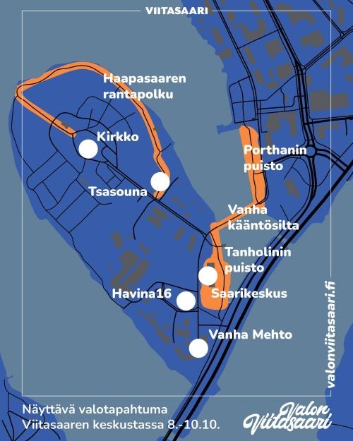 Karttapohjassa näkyvät Viitasaaren valaistut kohteet